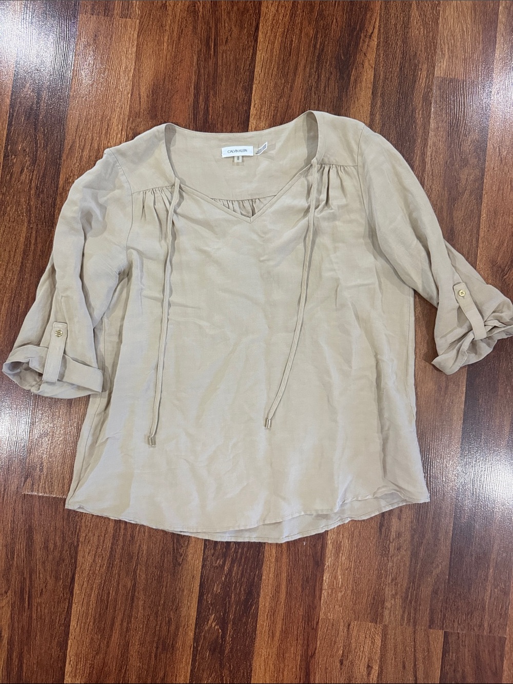 Calvin Klein Light Beige Tie-Neck Tunic Top